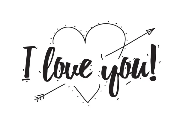 Jeg er glad i deg. Hilsenkort med kalligrafi. Valentinsdag-konseptet. Håndtegnede konstruksjonsdeler. Svart og hvit. Romantisk sitat . – stockvektor