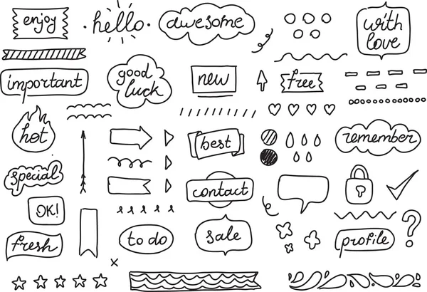 Set of stickers, tags, labels. Hand drawn design elements for your planner, organizer, journal or blog. Black and white. Sketchy style. — Stock vektor