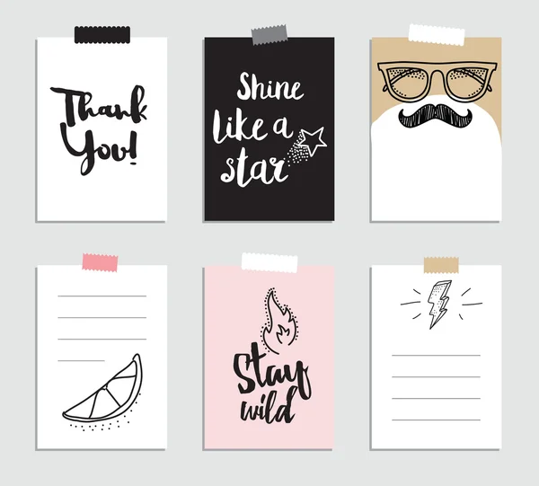 Set van creatieve 6 journaling cards. Vectorillustratie. Sjabloon voor wenskaarten scrapbooking, planner, gefeliciteerd, stickers en uitnodigingen. Inspiratie. Posters-set. — Stockvector