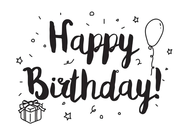 Happy birthday inscription. Greeting card with calligraphy. Hand drawn design elements. Black and white. — Stockový vektor