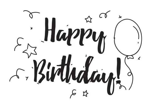 Happy birthday inscription. Greeting card with calligraphy. Hand drawn design elements. Black and white. — Stockový vektor