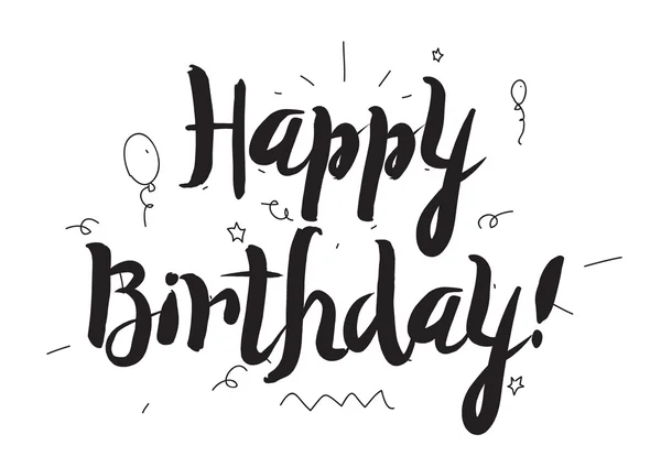 Happy birthday inscription. Greeting card with calligraphy. Hand drawn design elements. Black and white. — Stockový vektor