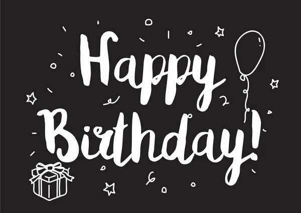 Happy birthday inscription. Greeting card with calligraphy. Hand drawn design elements. Black and white. — Stockový vektor