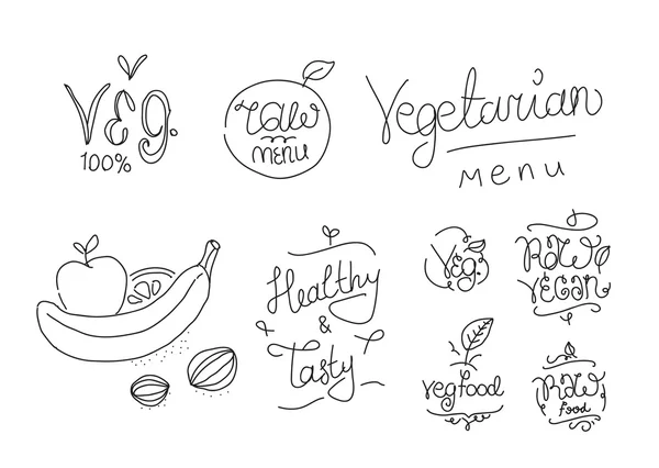 Étiquettes alimentaires végétariennes. Éléments typographiques dessinés à la main. Cuisine végétalienne. Produits alimentaires bruts . — Image vectorielle