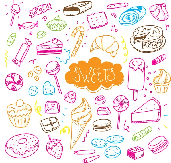 Hand drawn sweets and candies set. Vector doodles. Isolated food on white background. — Stockový vektor