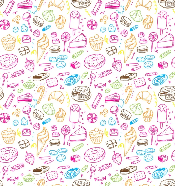 Hand drawn sweets and candies pattern. Vector doodles. Isolated food on white background. Seamless texture. — Wektor stockowy