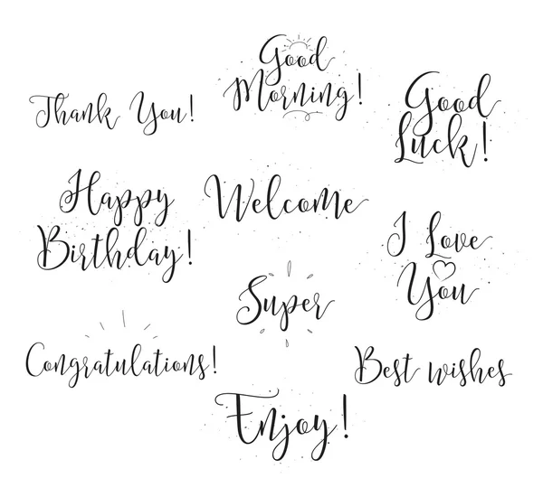 Buena suerte, disfruta, feliz cumpleaños. Conjunto de caligrafía moderna y elementos dibujados a mano. Concepto tipográfico. Utilizable para tarjetas, carteles, superposición de fotos . — Vector de stock