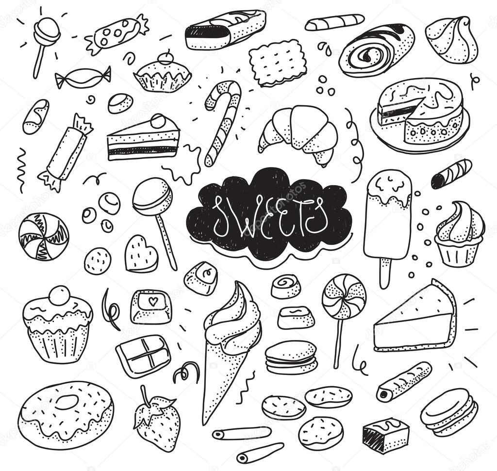 Hand drawn sweets and candies set. Vector doodles. Isolated food on white background.
