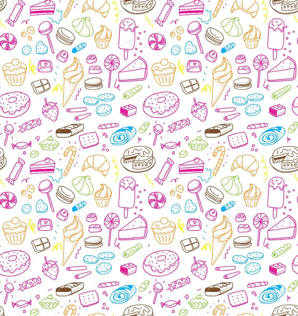 Hand drawn sweets and candies pattern. Vector doodles. Isolated food on white background. Seamless texture.