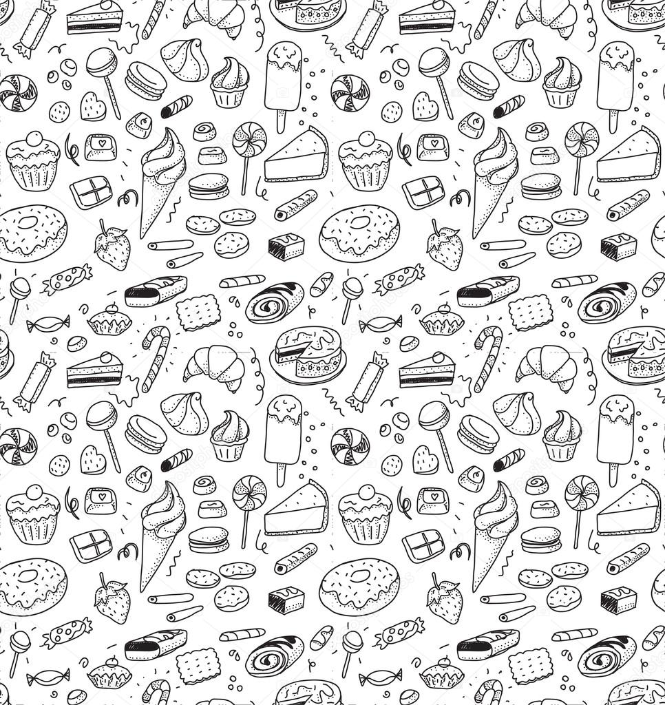 Hand drawn sweets and candies pattern. Vector doodles. Isolated food on white background. Seamless texture.