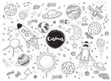 Cosmic objects set. Hand drawn vector doodles. Rockets, planets, constellations, ufo, stars, etc. Space theme.