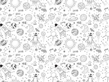 Seamless pattern. Cosmic objects set. Hand drawn vector doodles. Rockets, planets, constellations, ufo, stars, etc. Space theme.