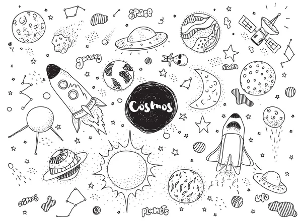 Objetos cósmicos definidos. Doodles vetoriais desenhados à mão. Foguetes, planetas, constelações, ufo, estrelas, etc. Tema espacial . — Vetor de Stock