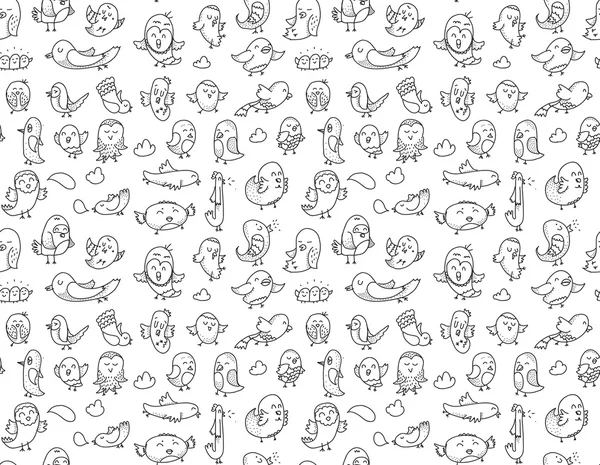 Hand drawn birds pattern. Black and white. — Stok Vektör