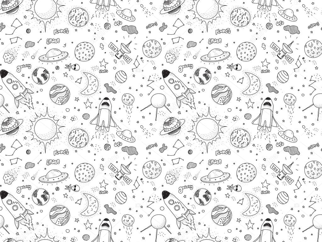 Seamless pattern. Cosmic objects set. Hand drawn vector doodles. Rockets, planets, constellations, ufo, stars, etc. Space theme.