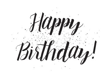 Mutlu doğum günü yazıt. Hat sanatı ile tebrik kartı. Elle çizilmiş tasarım. Siyah ve beyaz.