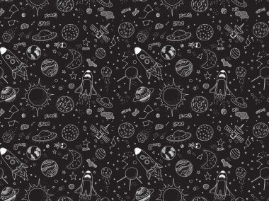 Seamless pattern. Cosmic objects set. Hand drawn vector doodles. Rockets, planets, constellations, ufo, stars, etc. Space theme.