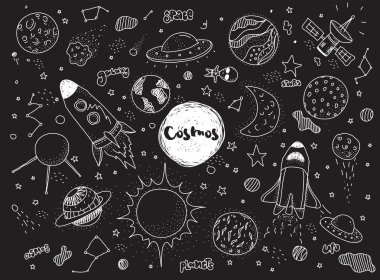 Cosmic objects set. Hand drawn vector doodles. Rockets, planets, constellations, ufo, stars, etc. Space theme.