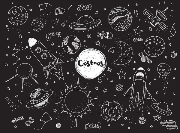 Kosmische Objekte gesetzt. handgezeichnete Vektor-Doodles. Raketen, Planeten, Sternbilder, Ufo, Sterne usw. Weltraumthema. — Stockvektor