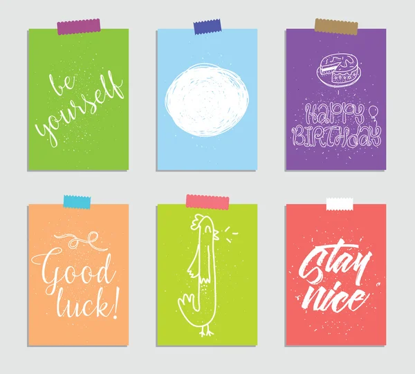 Conjunto de creativas 6 tarjetas de diario. Ilustración vectorial. Plantilla de felicitación scrapbooking, planificador, felicitaciones, pegatinas e invitaciones. Citas inspiradoras . — Vector de stock