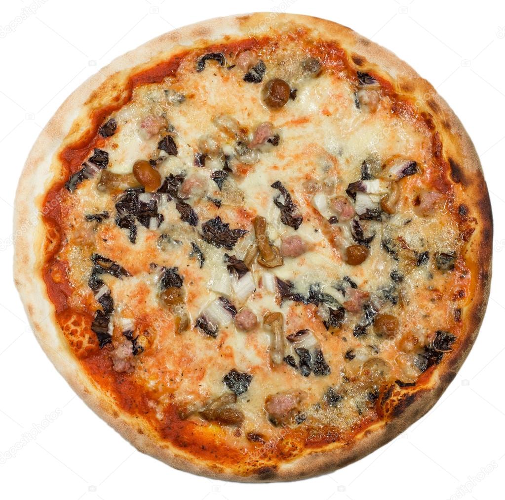 Italian pizza with sausage and mushrooms isolated on white 