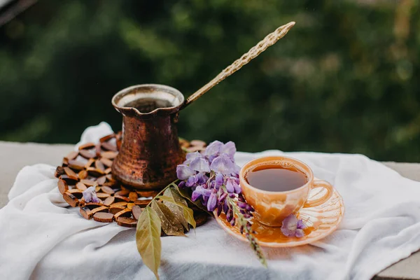 Breakfast Coffee Turka Cezva Outdoors — Stock Photo, Image