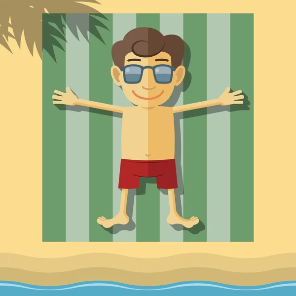 Niño tomando el sol en la playa — Vector de stock