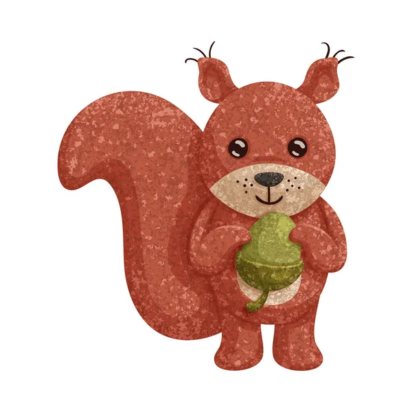 Textured Cartoon Illustration Funny Squirrel Acorn White Backgroud — Stock Vector