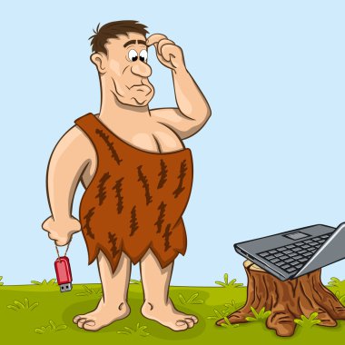 Primitive man is looking at the laptop clipart