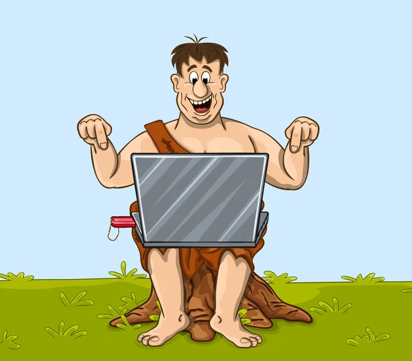 Boldog primitív ember dolgozik a laptop — Stock Vector