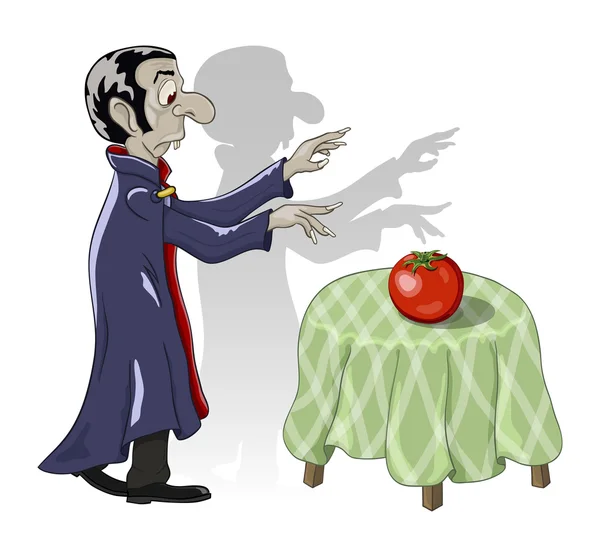 Vampire affamé végétarien et tomate — Image vectorielle