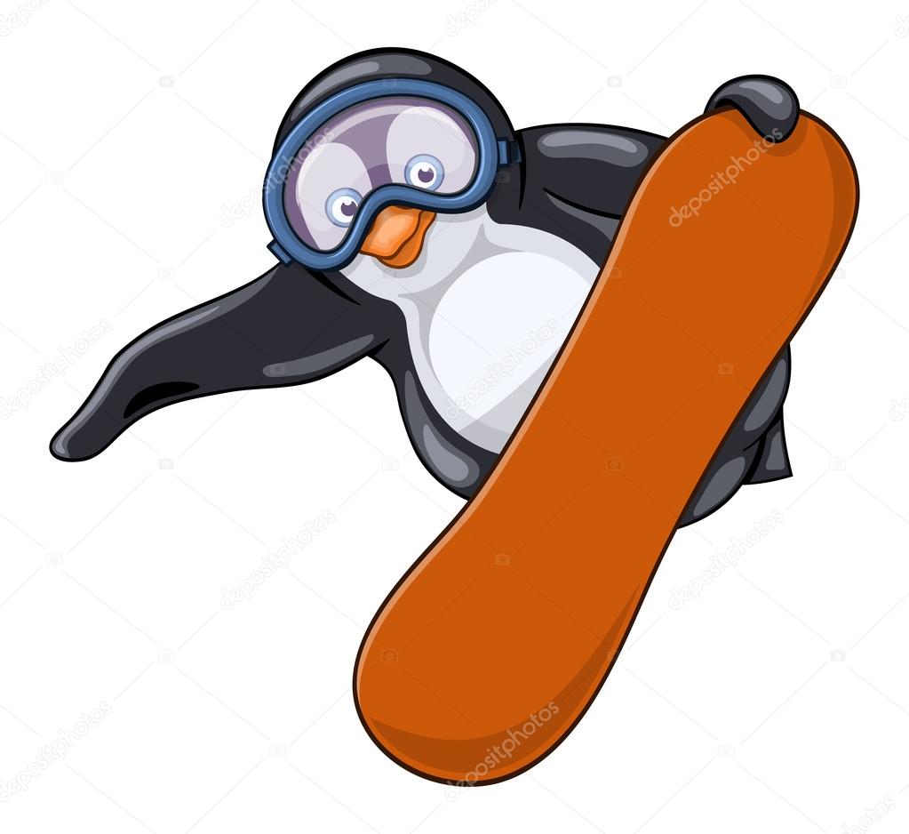 Fat penguin in protective spectacles makes jump on the snowboard