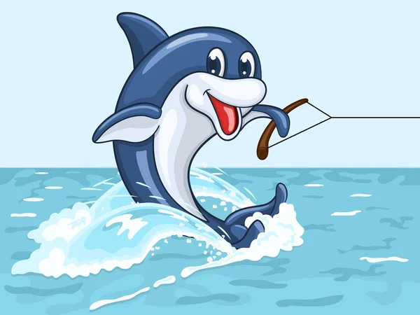 Sonriente delfín monta en su cola como en los esquís acuáticos — Vector de stock