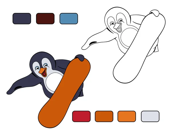 Vet lachen pinguïn maakt springen op de snowboard — Stockvector