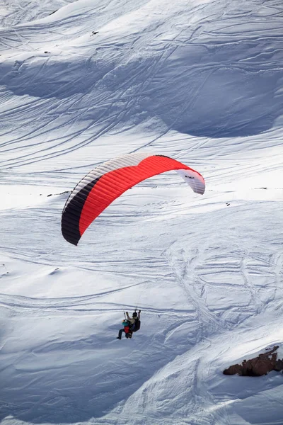 Beautiful Snow Capped Mountain View Paragliders Paragliding Snow White Tall Stock Image