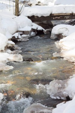 Dağları temizleyen kayalık nehir Baksan kışın hızlı akan nehirlerle Kaburdino-Balkar cumhuriyetindeki Elbrus kayak merkezindeki parkta