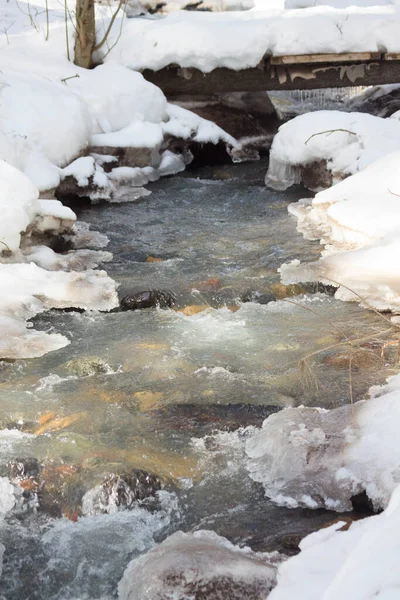 Dağları temizleyen kayalık nehir Baksan kışın hızlı akan nehirlerle Kaburdino-Balkar cumhuriyetindeki Elbrus kayak merkezindeki parkta