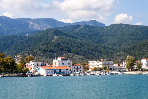 View of the mountains and the port town of Limenas Thassos Stock Picture