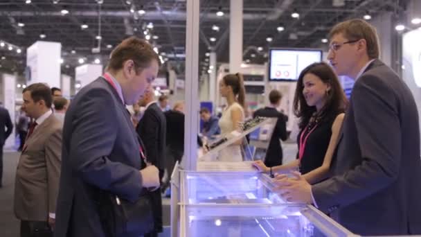Russia, Novosibirsk, 2015: Business event. Exhibition stands — Stock Video