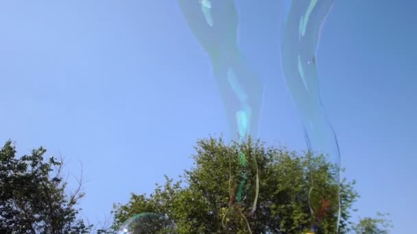 거 대 한 긴 비누 bubles 하늘을 날고입니다. 거품을 만들기 위한 두 개의 장치. — 비디오