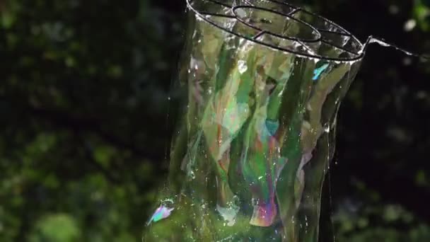 Close up view of colorful big long soap bubble is flying in the park — Stock Video