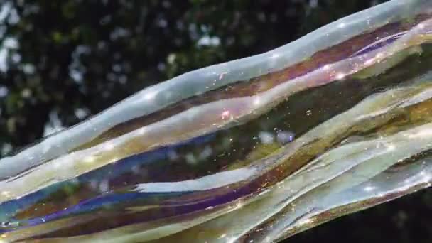 Vista da vicino della grande bolla di sapone lungo colorato sta volando nel parco — Video Stock