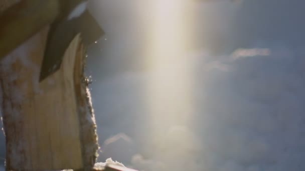 An unknown man chops wood in the winter. Lumberjack chopping wood — Stock Video