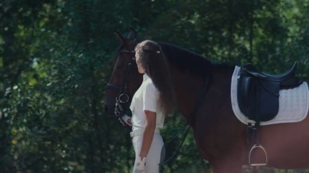Mooi meisje berijden van een paard in platteland. De renner van het pak — Stockvideo