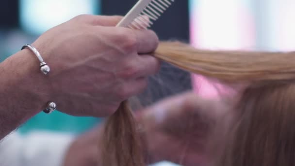 Kam door het haar, het haar gedragen wordt gedroogd door haardroger. Slow-motion. — Stockvideo