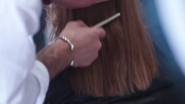 Styliste au travail. Le coiffeur travaille. Mains styliste masculin . — Video