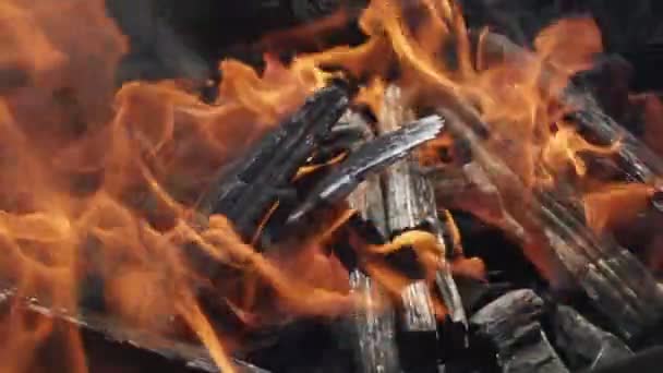 Gros plan de flammes brûlant sur fond noir, au ralenti .