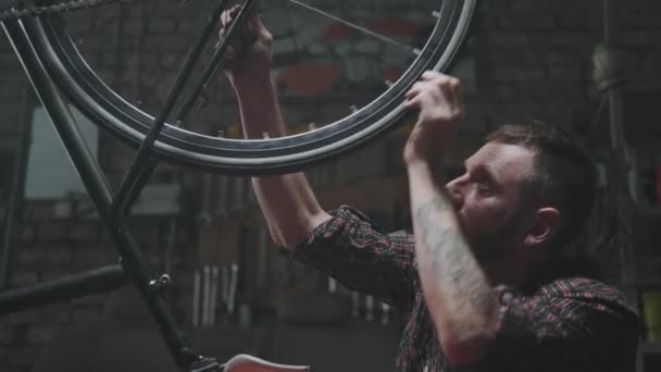 Erkek tamirci vidayı tornavidayla bisiklet çerçevesine sıkıştır. — Stok video