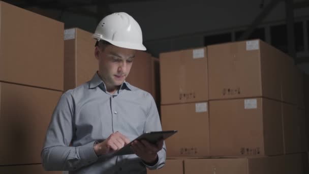 Logistik, Lagerkonzept: Porträt eines Mitarbeiters im Lager — Stockvideo