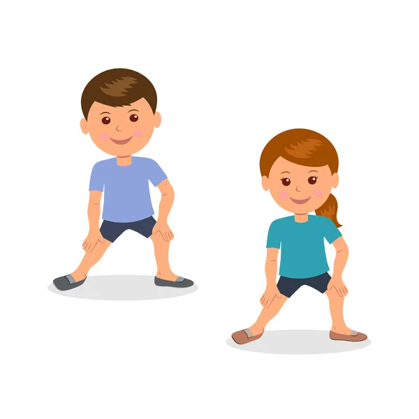 Kids yoga. Boy and girl standing perform gymnastic exercises. — Stock Illustration Kids yoga. Boy and girl standing perform gymnastic exercises. Vector Graphics
